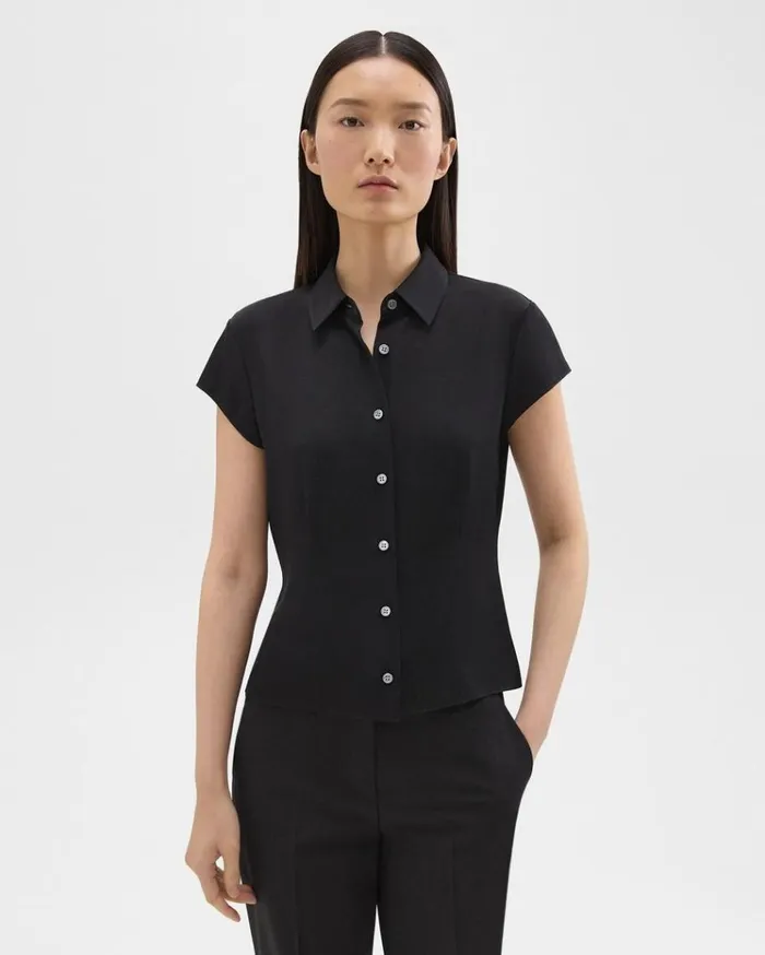 Theory Cap Sleeve Shirt In Silk Georgette Black Women Tops