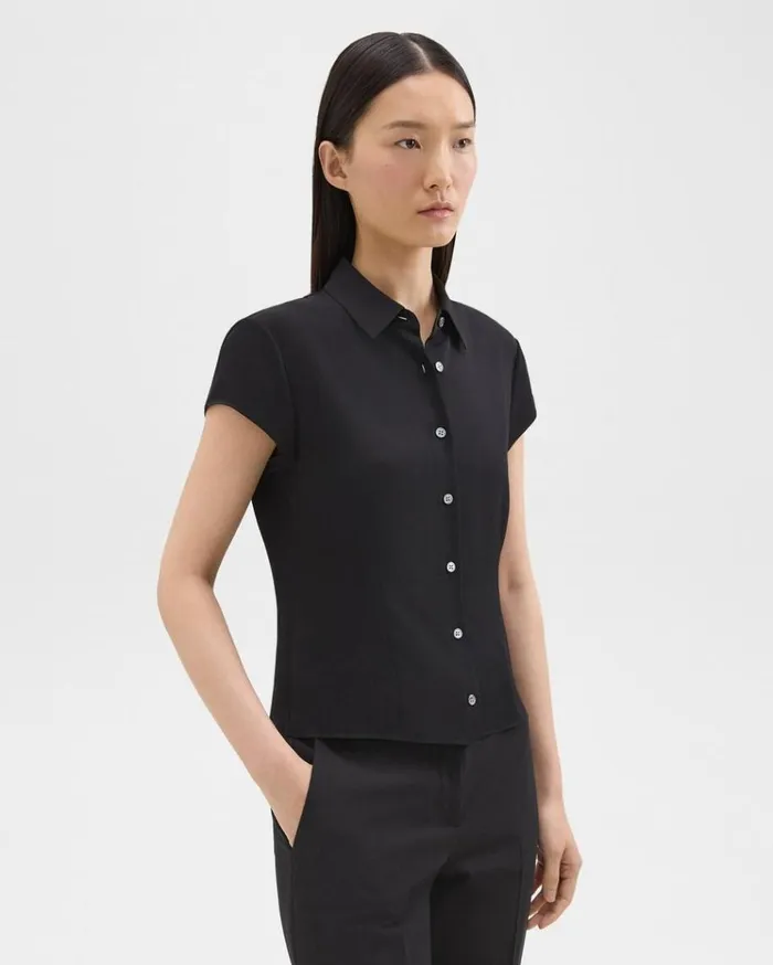 Theory Cap Sleeve Shirt In Silk Georgette Black Women Tops