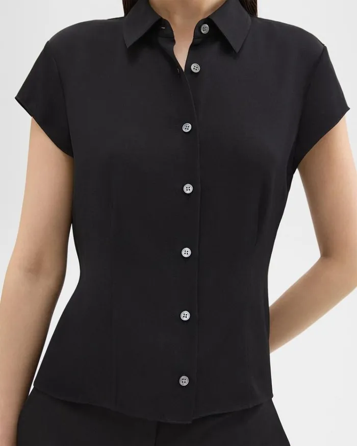 Theory Cap Sleeve Shirt In Silk Georgette Black Women Tops