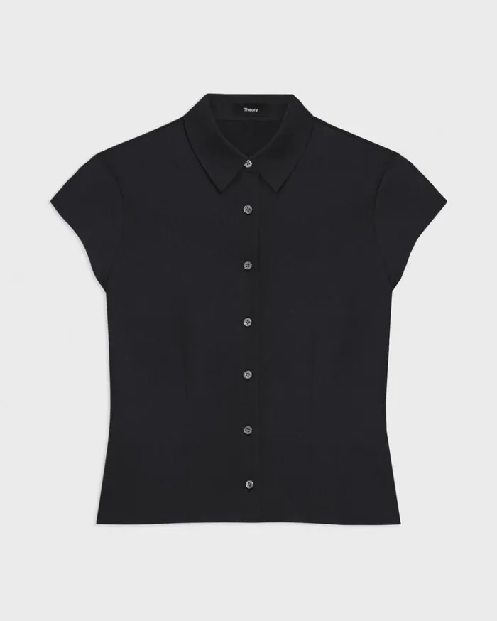 Theory Cap Sleeve Shirt In Silk Georgette Black Women Tops