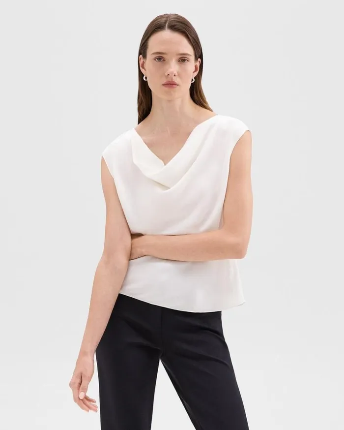 Theory Cowl Neck Top In Silk Georgette Ivory Women Tops