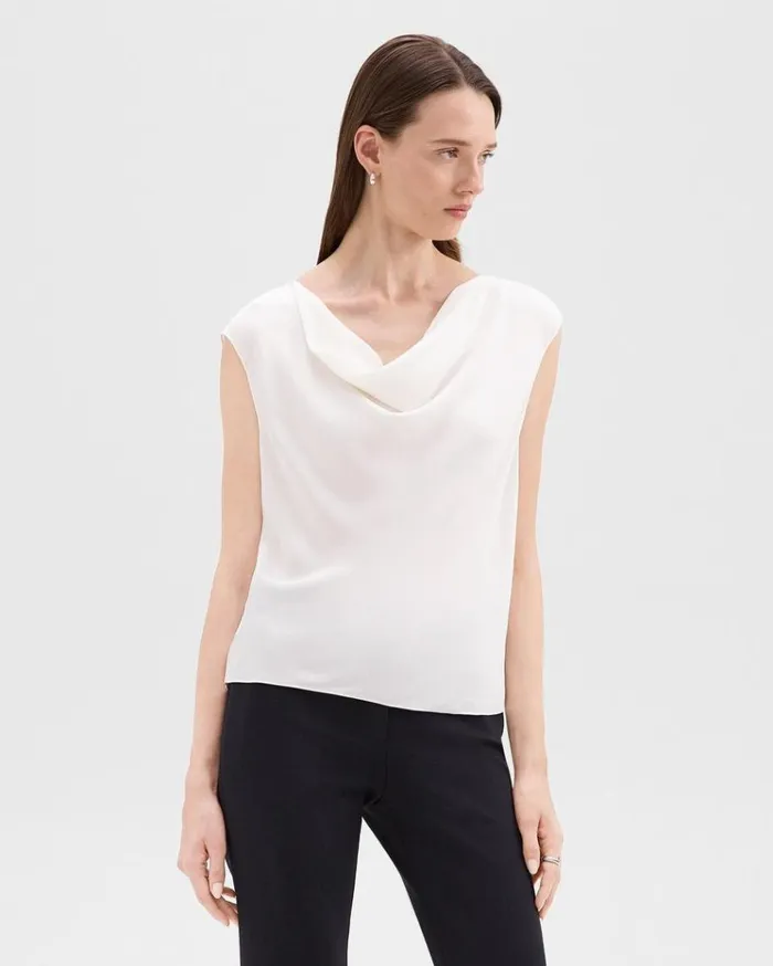 Theory Cowl Neck Top In Silk Georgette Ivory Women Tops