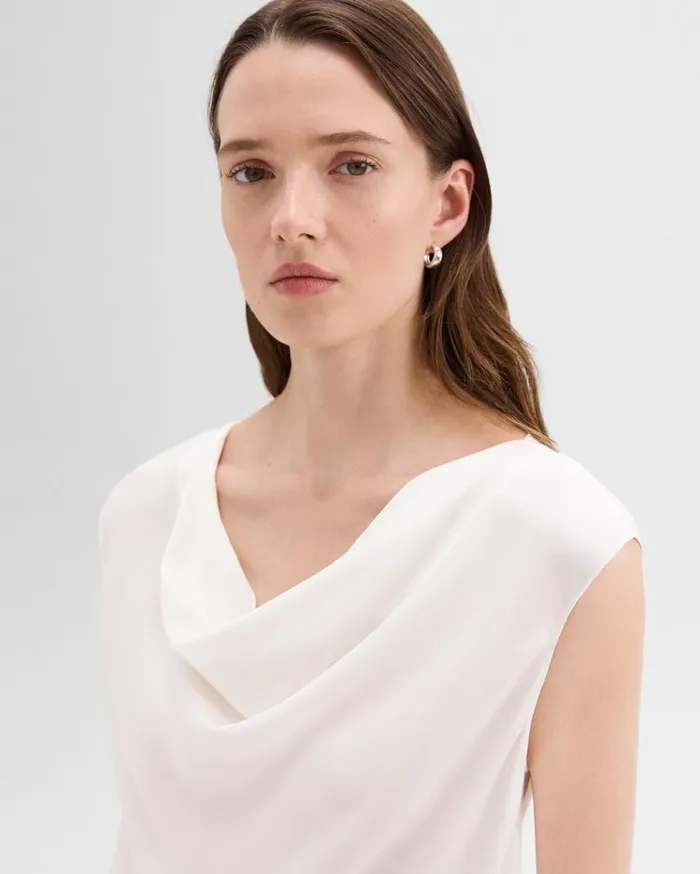 Theory Cowl Neck Top In Silk Georgette Ivory Women Tops