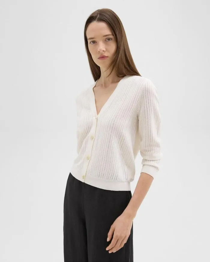 Theory Cropped Cardigan In LinenViscose Bone Women Sweaters Cardigans