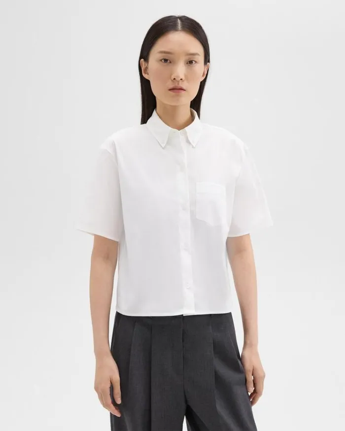 Theory Cropped ShortSleeve Shirt In Good Cotton White Women Tops
