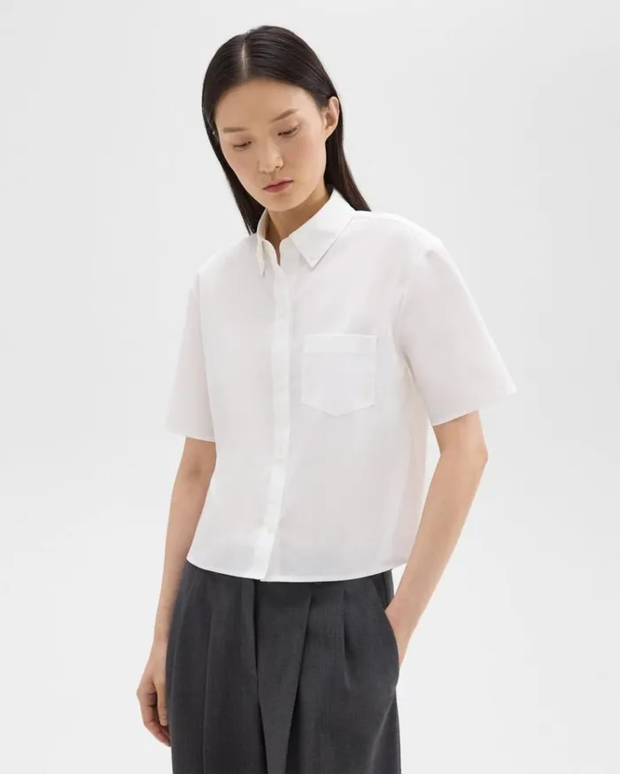 Theory Cropped ShortSleeve Shirt In Good Cotton White Women Tops