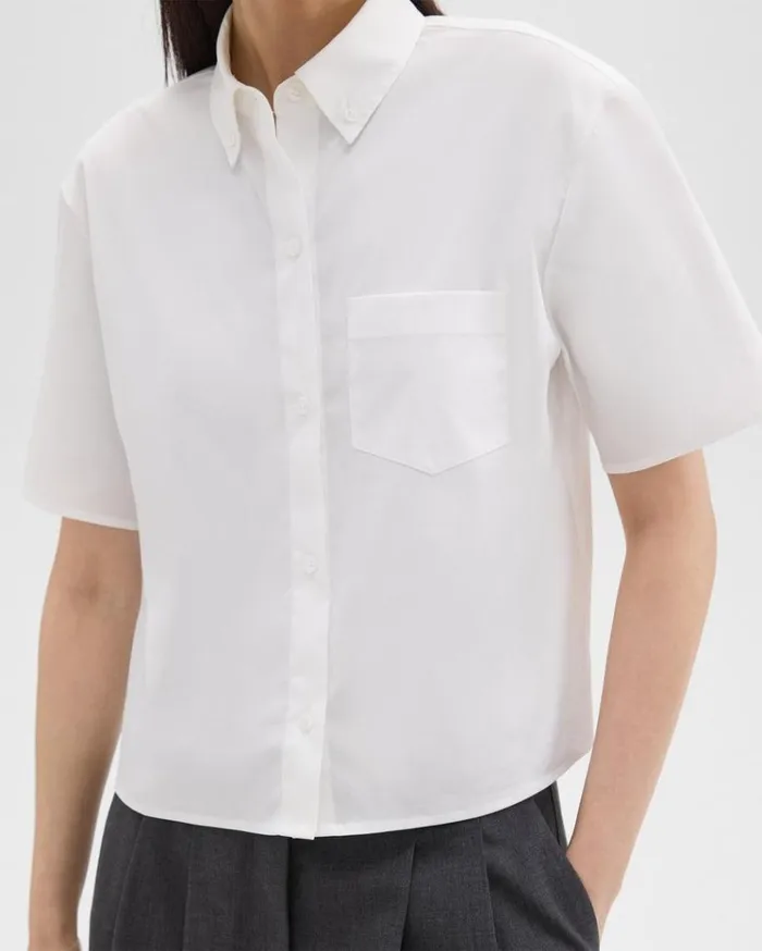 Theory Cropped ShortSleeve Shirt In Good Cotton White Women Tops