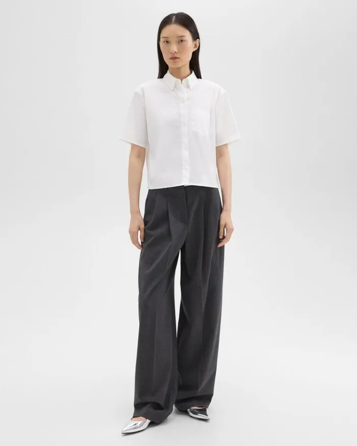 Theory Cropped ShortSleeve Shirt In Good Cotton White Women Tops