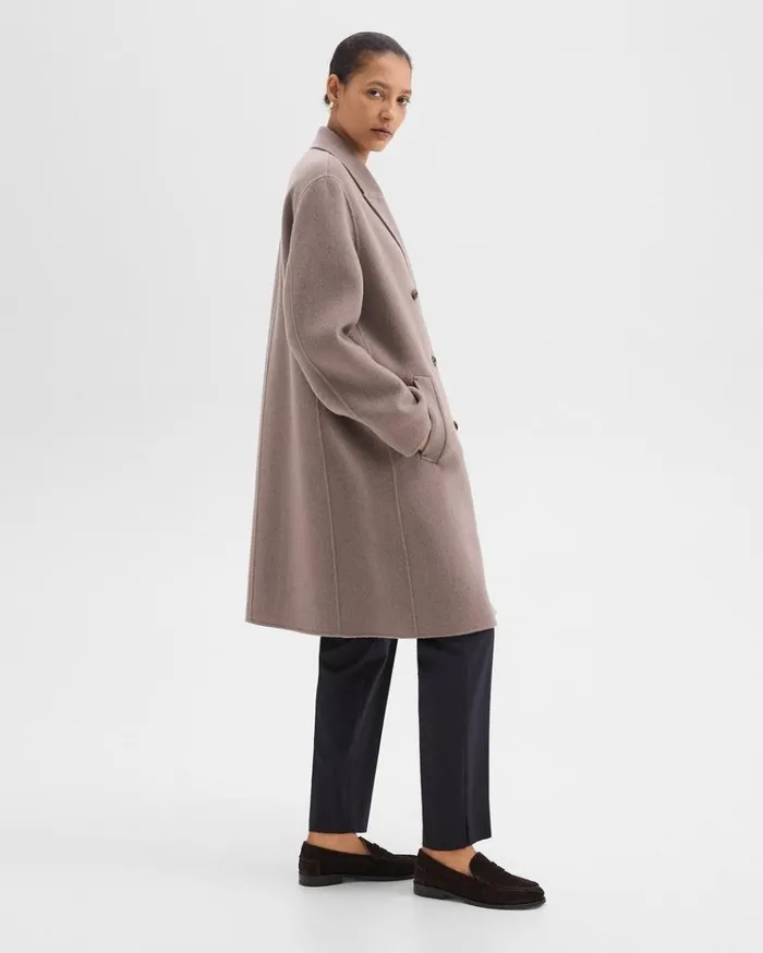 Theory DoubleBreasted Coat In DoubleFace WoolCashmere Cinder Melange Women Outerwear