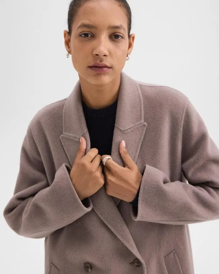 Theory DoubleBreasted Coat In DoubleFace WoolCashmere Cinder Melange Women Outerwear