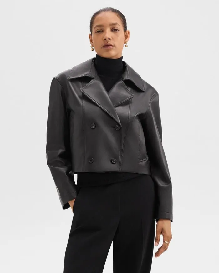 Theory DoubleBreasted Crop Trench In Leather Black Women Outerwear