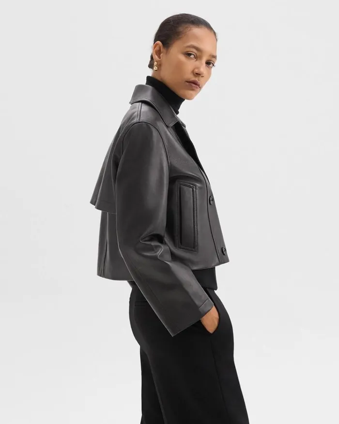 Theory DoubleBreasted Crop Trench In Leather Black Women Outerwear Theory DoubleBreasted Crop Trench In Leather Black Women Outerwear