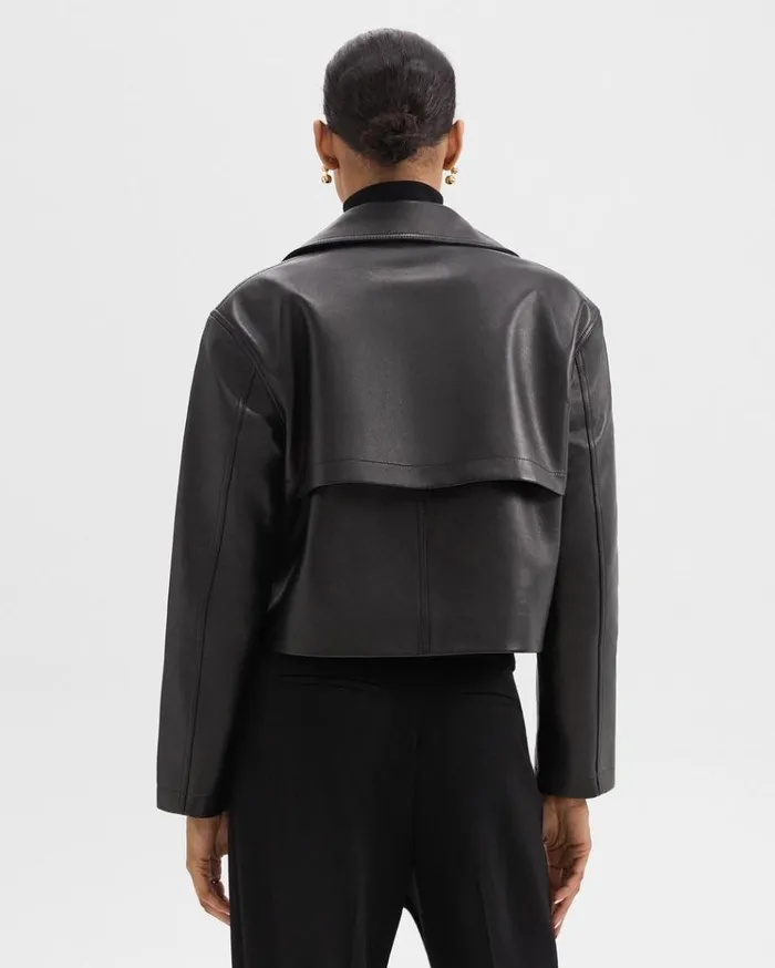 Theory DoubleBreasted Crop Trench In Leather Black Women Outerwear Theory DoubleBreasted Crop Trench In Leather Black Women Outerwear