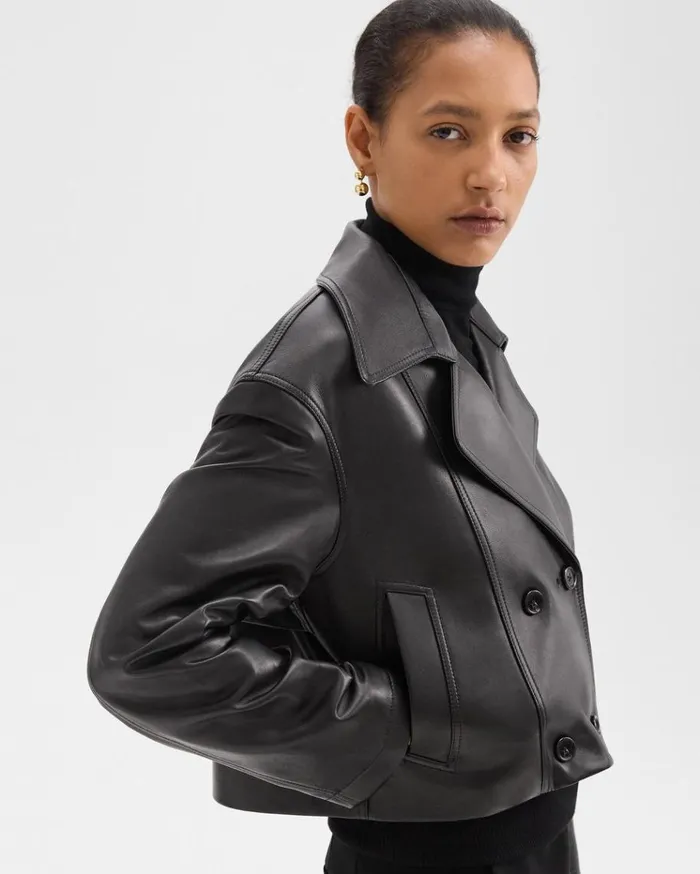 Theory DoubleBreasted Crop Trench In Leather Black Women Outerwear Theory DoubleBreasted Crop Trench In Leather Black Women Outerwear