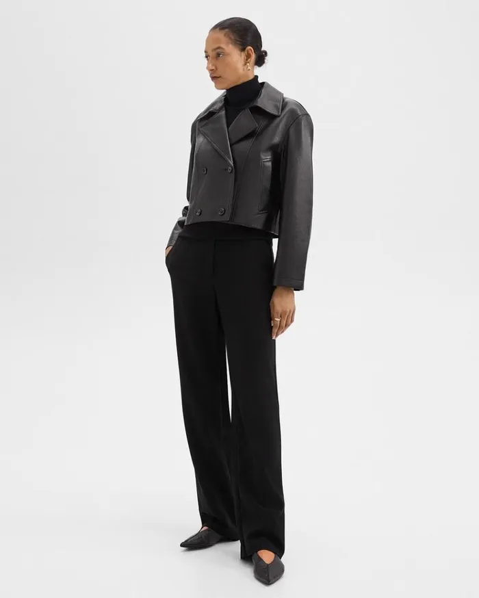 Theory DoubleBreasted Crop Trench In Leather Black Women Outerwear Theory DoubleBreasted Crop Trench In Leather Black Women Outerwear