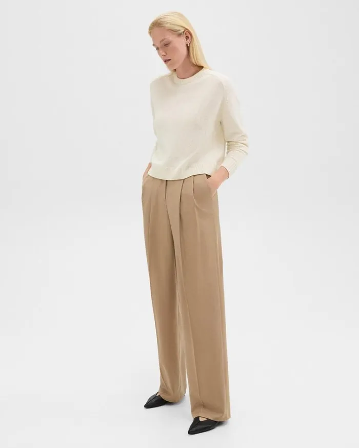 Theory Double Pleat Pant In Sleek Flannel New Camel Women Pants