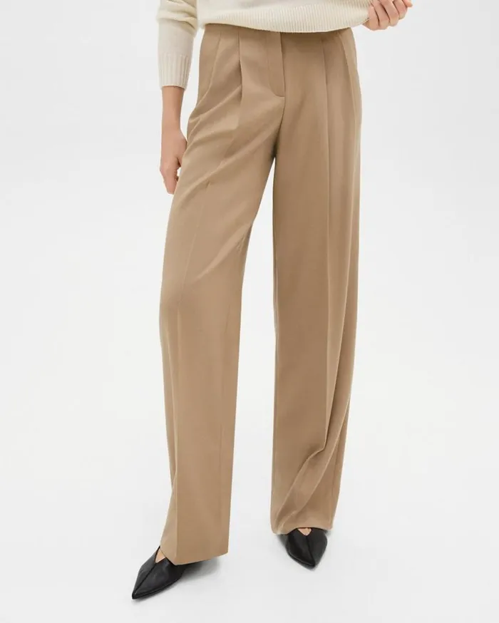 Theory Double Pleat Pant In Sleek Flannel New Camel Women Pants