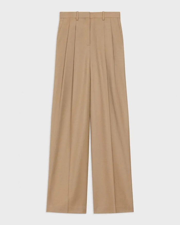 Theory Double Pleat Pant In Sleek Flannel New Camel Women Pants