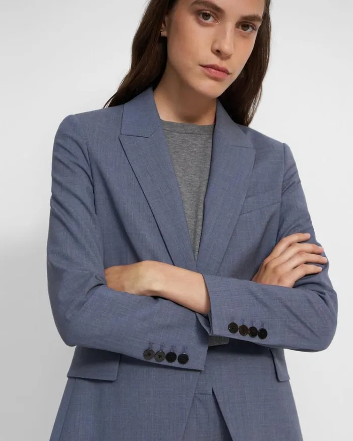 Theory Etiennette Blazer In Good Wool Blue Grey Melange Women Suits