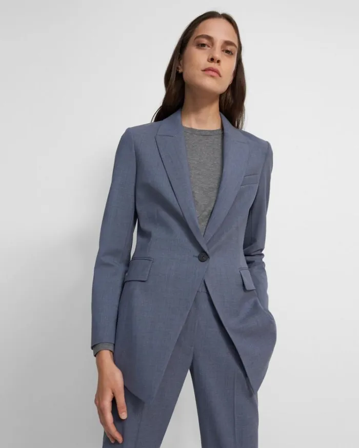 Theory Etiennette Blazer In Good Wool Blue Grey Melange Women Suits