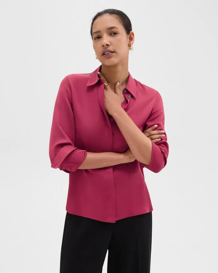 Theory Fitted Shirt In Silk Georgette Deep Rose Women Tops