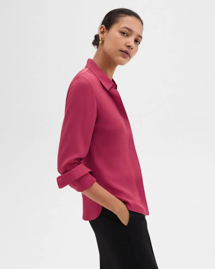 Theory Fitted Shirt In Silk Georgette Deep Rose Women Tops