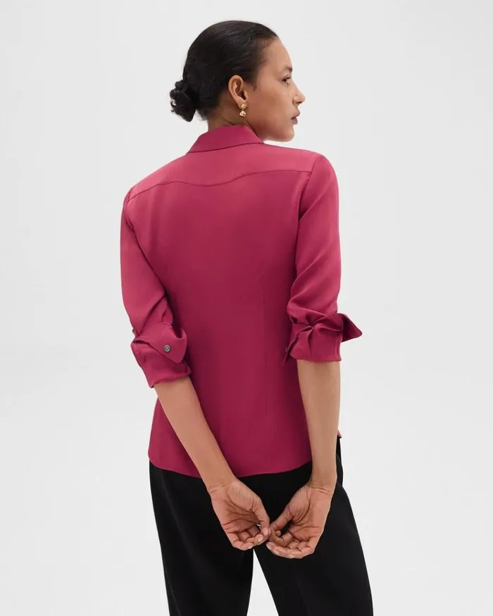Theory Fitted Shirt In Silk Georgette Deep Rose Women Tops