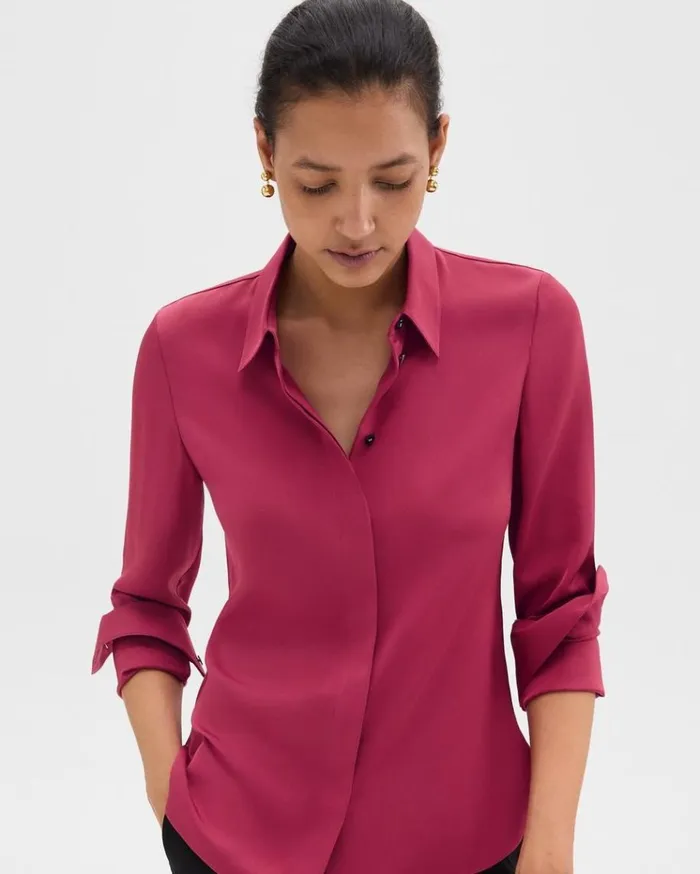 Theory Fitted Shirt In Silk Georgette Deep Rose Women Tops