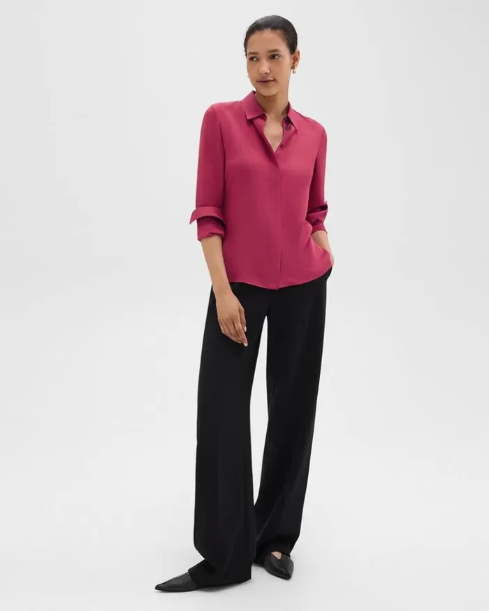 Theory Fitted Shirt In Silk Georgette Deep Rose Women Tops