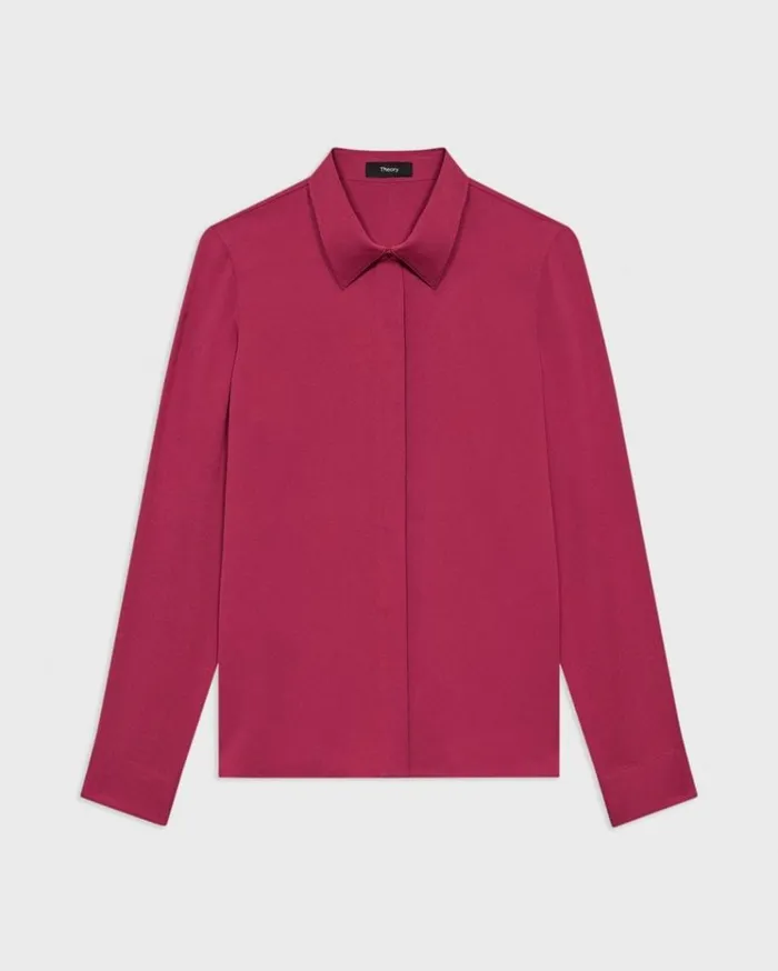 Theory Fitted Shirt In Silk Georgette Deep Rose Women Tops