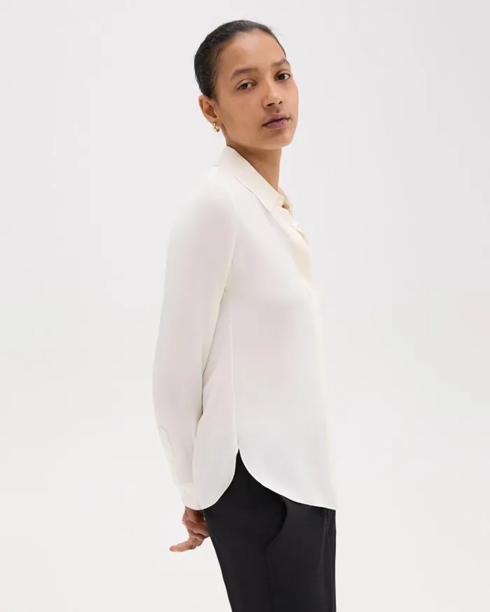 Theory Fitted Shirt In Silk Georgette Ivory Women Tops