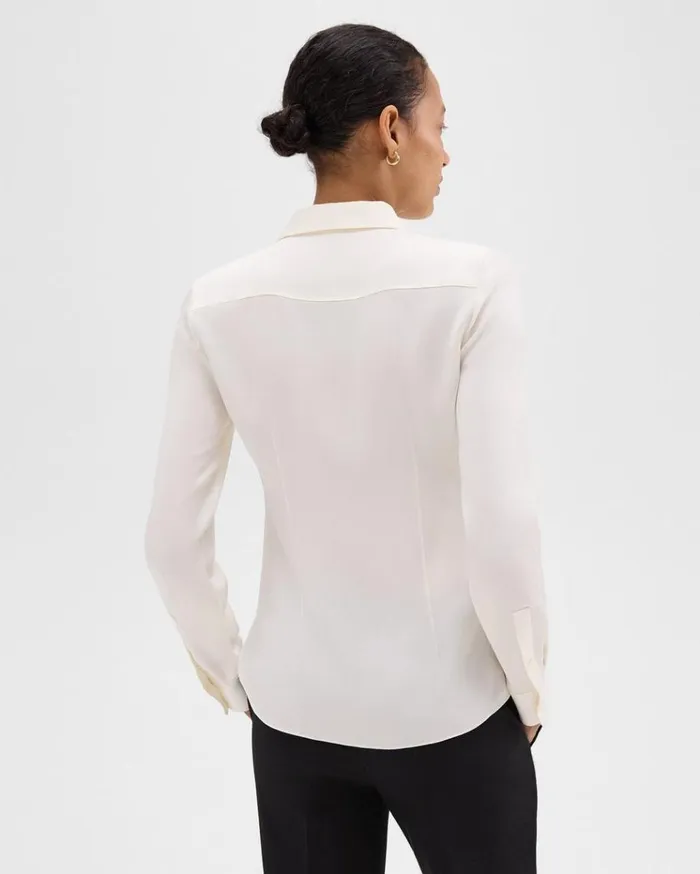 Theory Fitted Shirt In Silk Georgette Ivory Women Tops