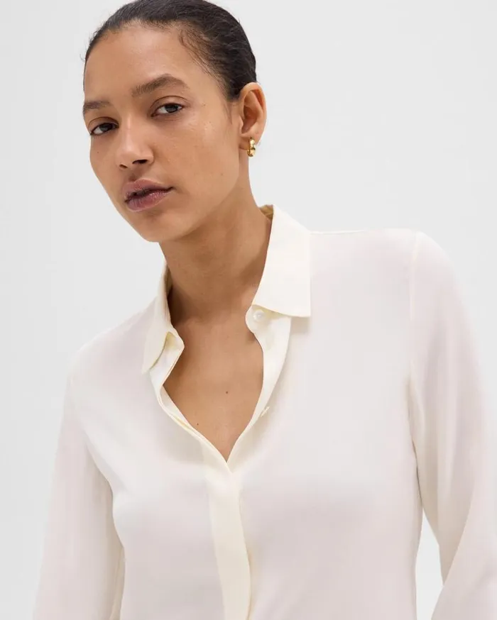 Theory Fitted Shirt In Silk Georgette Ivory Women Tops