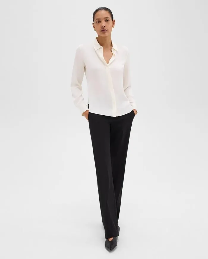 Theory Fitted Shirt In Silk Georgette Ivory Women Tops