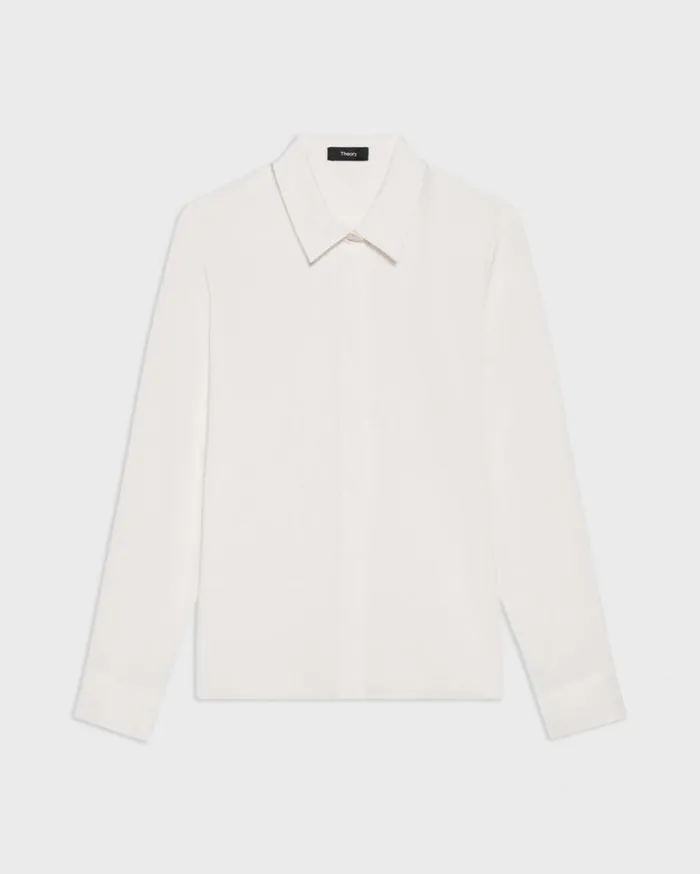 Theory Fitted Shirt In Silk Georgette Ivory Women Tops