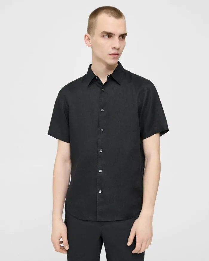 Theory Irving ShortSleeve Shirt In Relaxed Linen Black Men Shirts