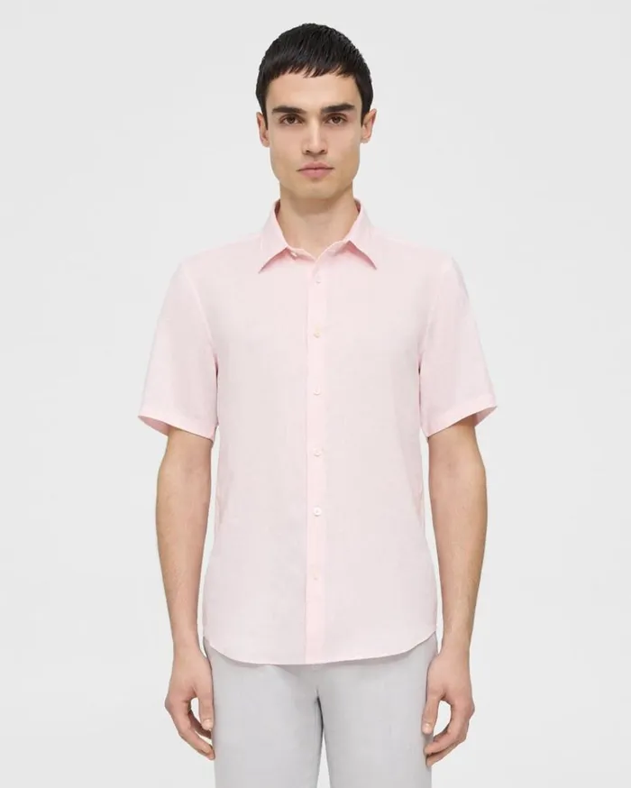 Theory Irving ShortSleeve Shirt In Relaxed Linen Cradle Pink Men Shirts