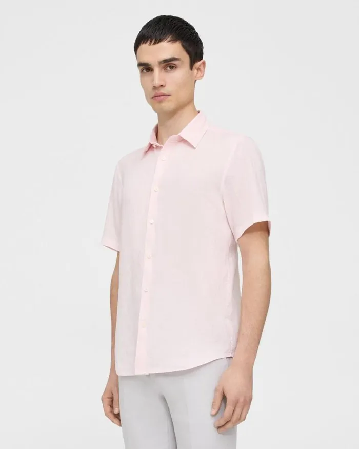 Theory Irving ShortSleeve Shirt In Relaxed Linen Cradle Pink Men Shirts