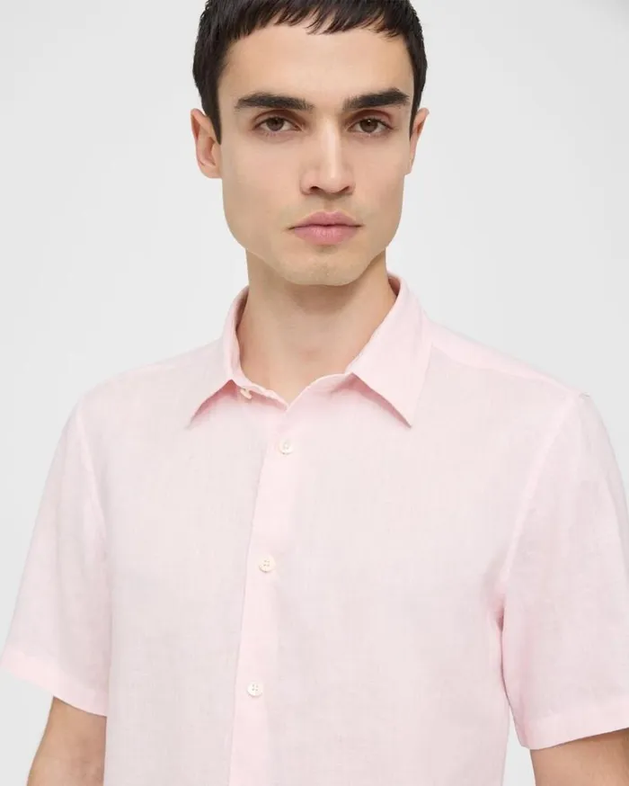 Theory Irving ShortSleeve Shirt In Relaxed Linen Cradle Pink Men Shirts