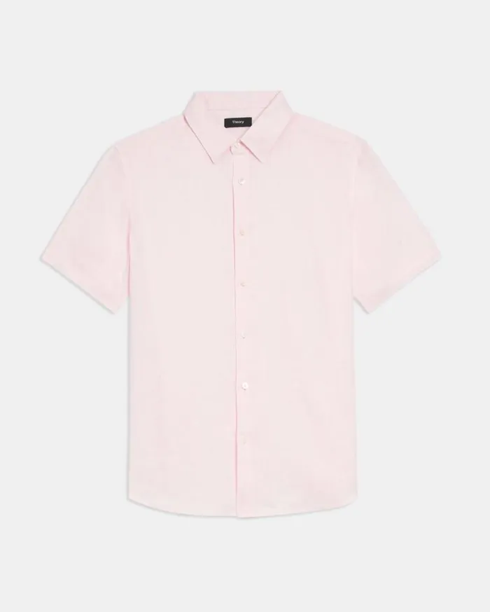 Theory Irving ShortSleeve Shirt In Relaxed Linen Cradle Pink Men Shirts
