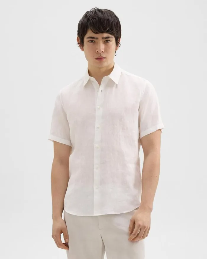 Theory Irving ShortSleeve Shirt In Relaxed Linen White Men Shirts