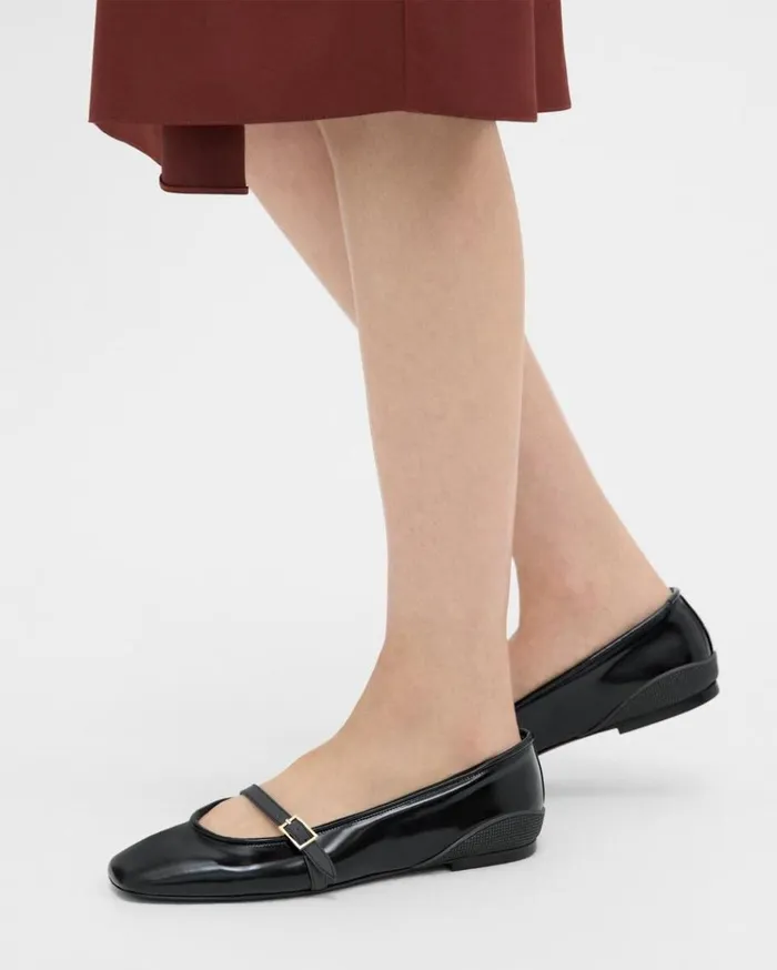 Theory Leather Ballerina Flat Black Women Shoes