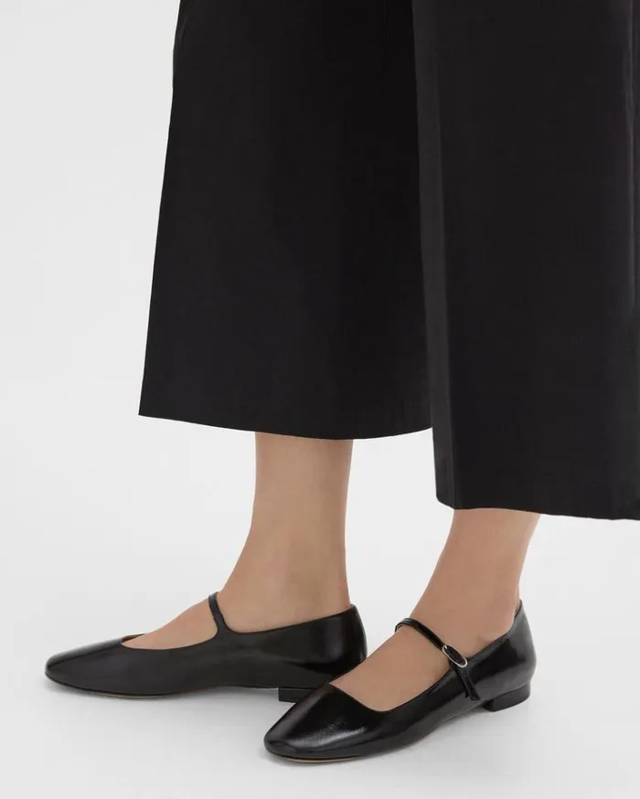 Theory Mary Jane Ballerina Flat In Crinkled Patent Leather Black Women Shoes