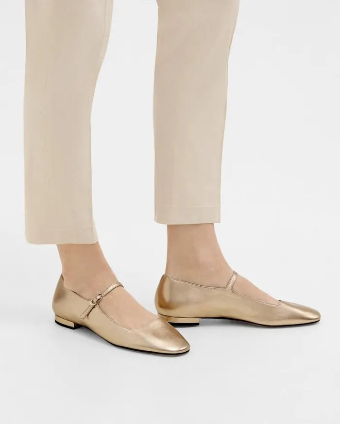 Theory Mary Jane Ballerina Flat In Metallic Leather Light Gold Women Shoes