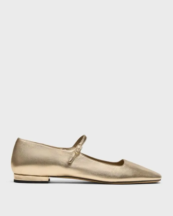 Theory Mary Jane Ballerina Flat In Metallic Leather Light Gold Women Shoes