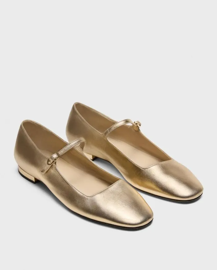 Theory Mary Jane Ballerina Flat In Metallic Leather Light Gold Women Shoes
