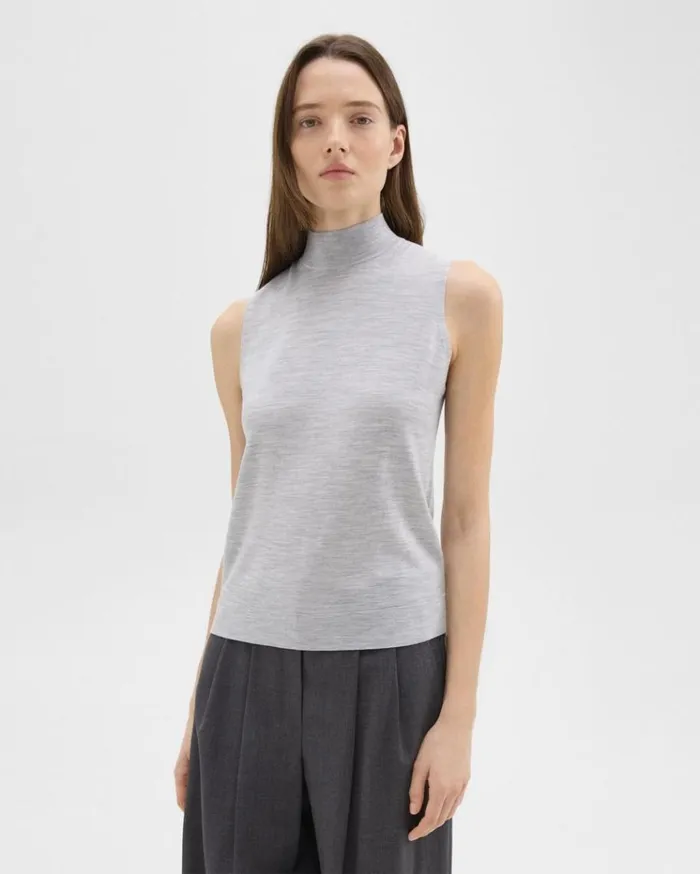 Theory Mock Neck Sweater Shell In Regal Wool Frosted Grey Heather Women Tops