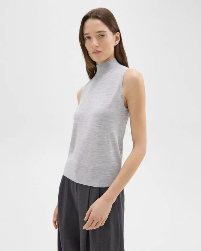Theory Mock Neck Sweater Shell In Regal Wool Frosted Grey Heather Women Tops