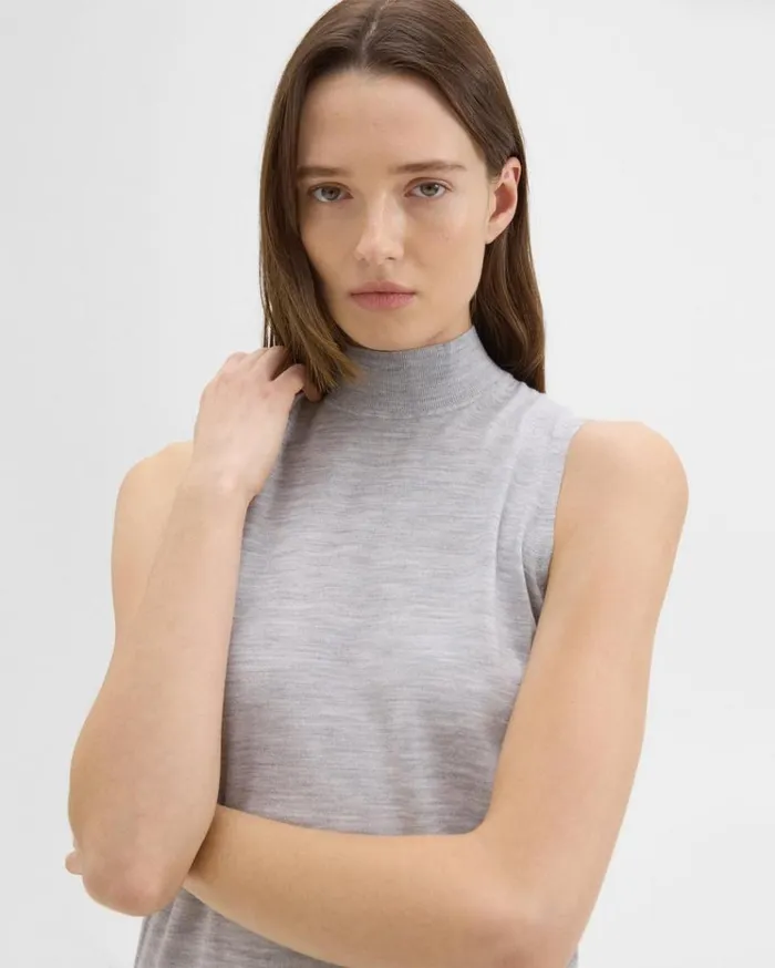 Theory Mock Neck Sweater Shell In Regal Wool Frosted Grey Heather Women Tops