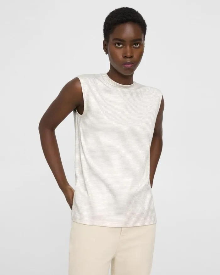 Theory Perfect CutOff Tee In Striped Cotton Jersey Sand Multi Women TShirts Tank Tops